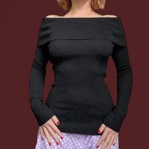 Vintage Y2K Black Off Shoulder Ribbed Knit Long Sleeve Sweater Top Top Candies S